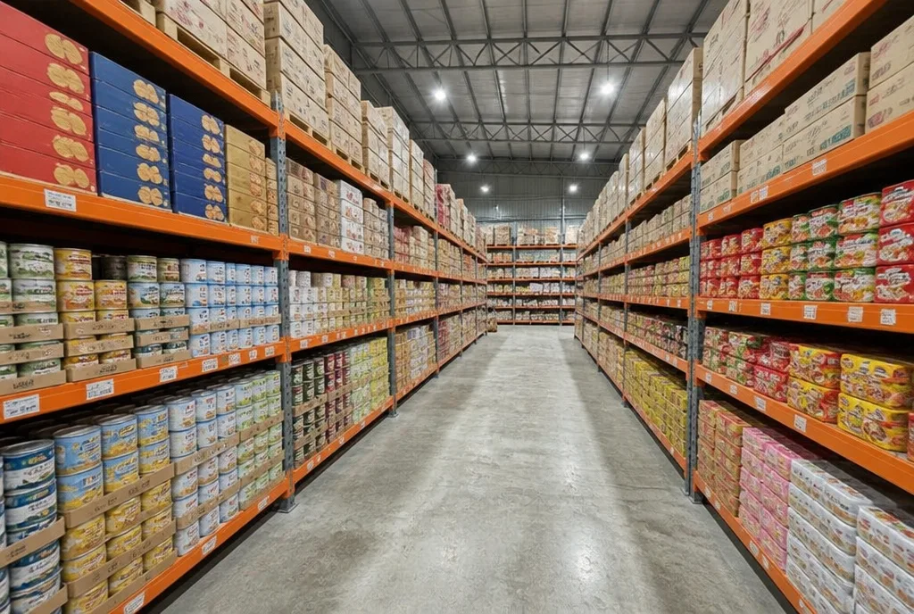 Racked cartons and staples in the Lian Tat store