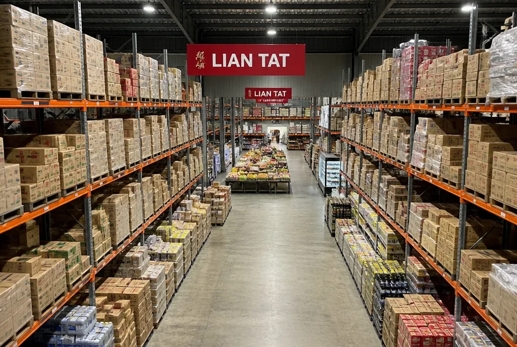 A wide aisle of the Lian Tat wholesale market seen from above
