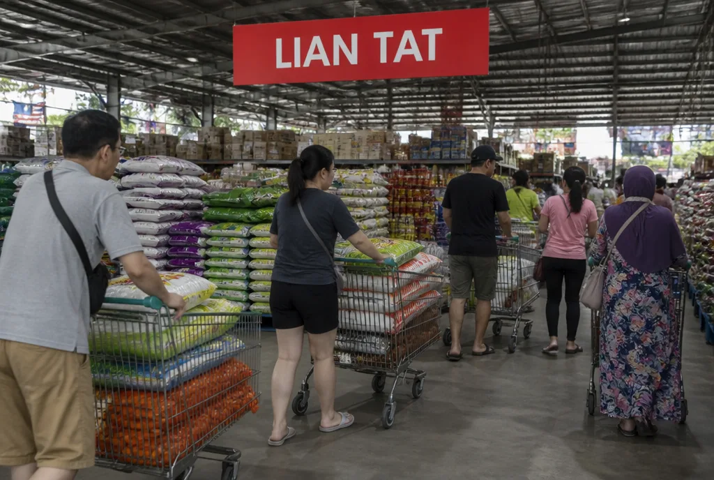 Shoppers with loaded trolleys in an aisle