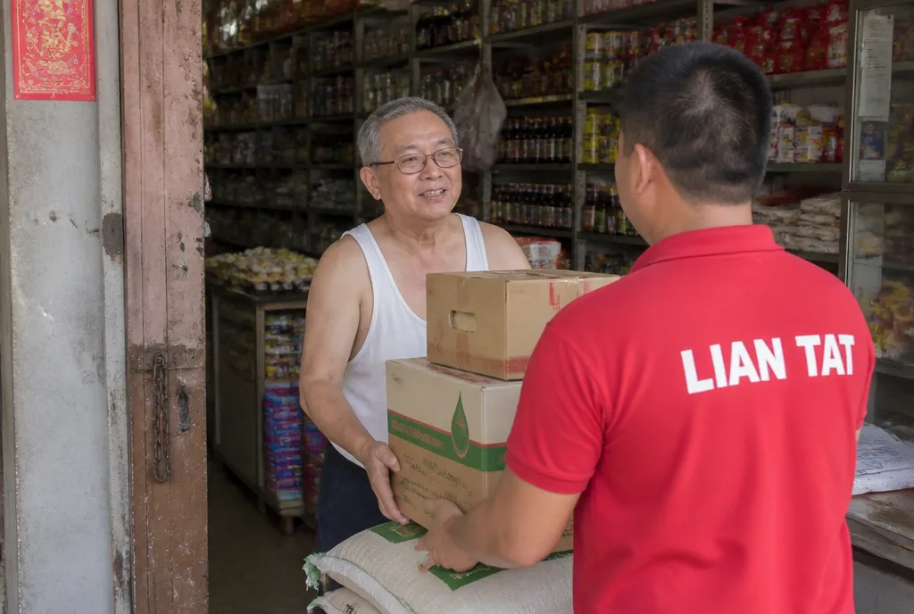 A kedai runcit owner receiving cartons from Lian Tat