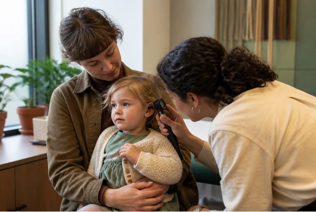 Young child on a parent’s lap while a clinician checks their ear with an otoscope