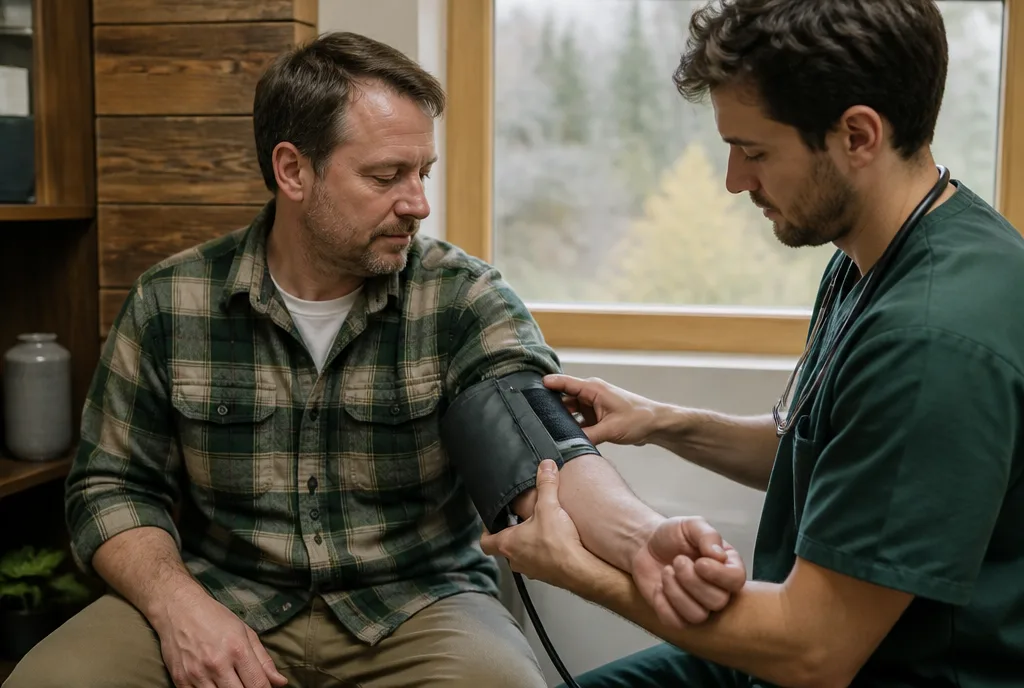 Clinician checking a middle-aged man’s blood pressure