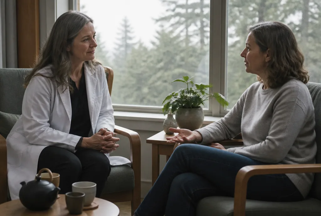 Clinician and patient in warm conversation in a consult room