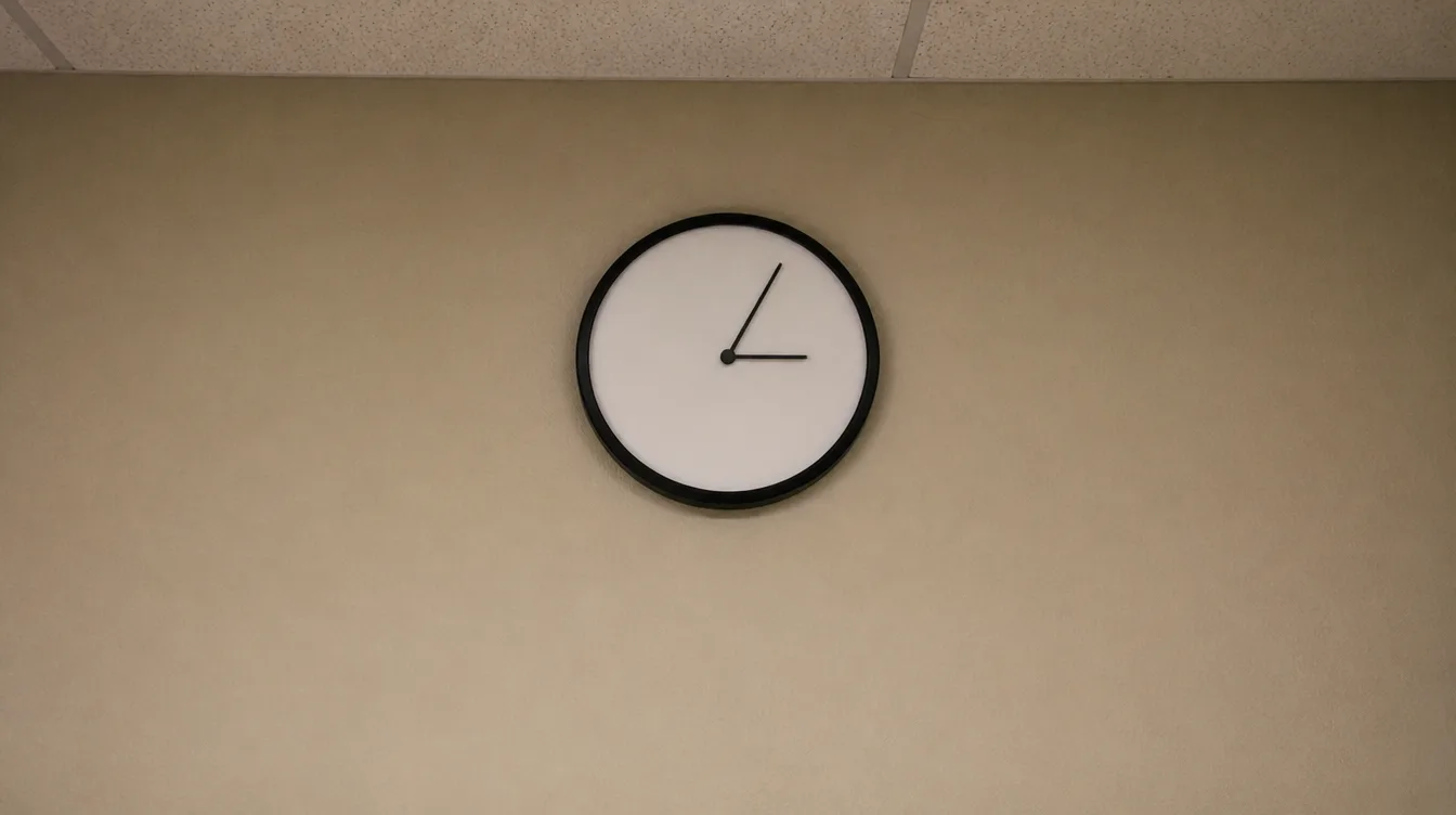 Waiting room clock on a bare institutional wall