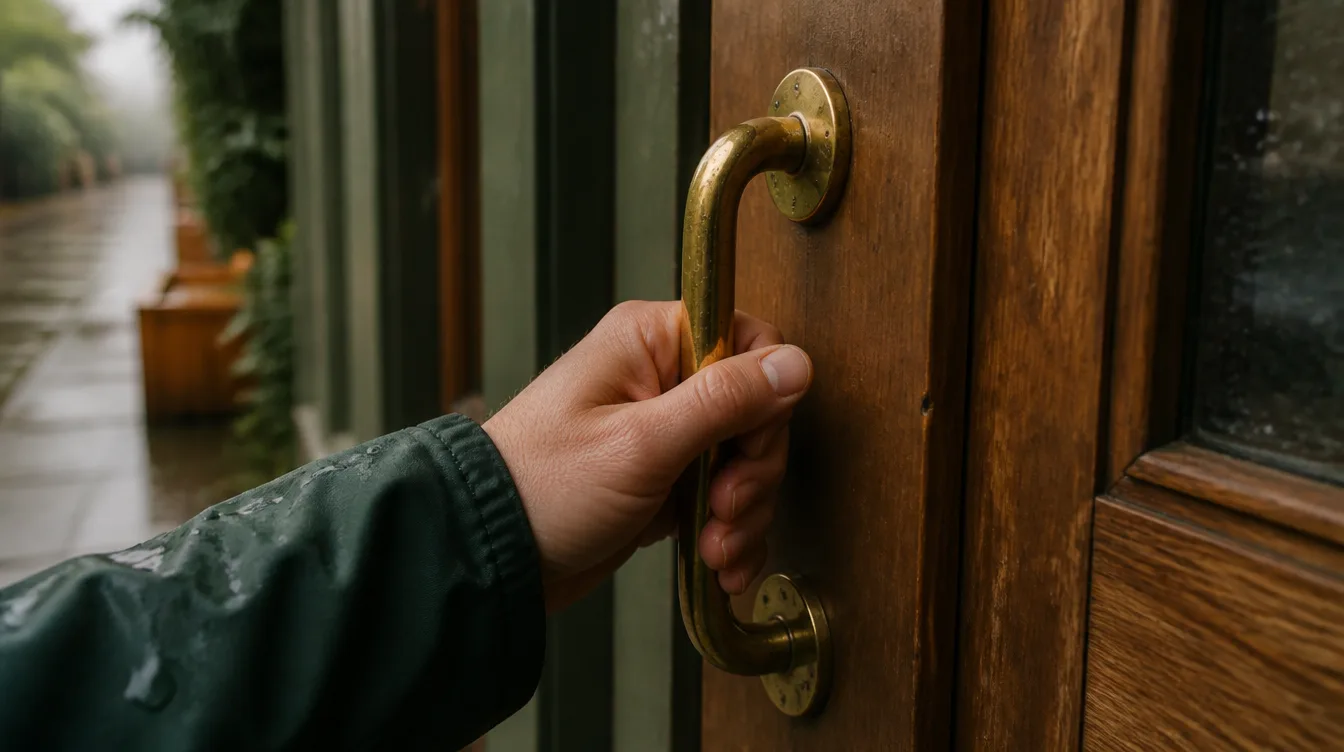 Hand on the wooden door handle of a small clinic entrance