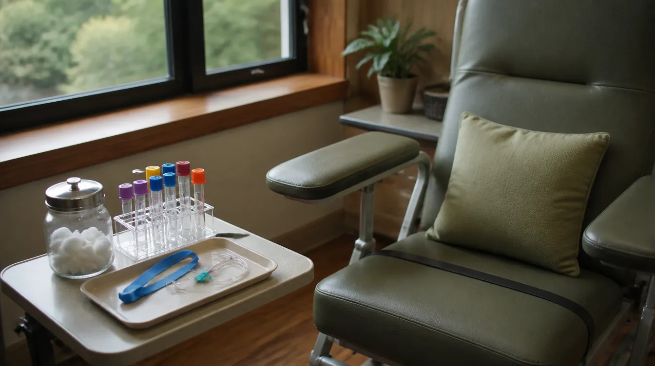 Blood draw chair with butterfly kit laid out on a tray
