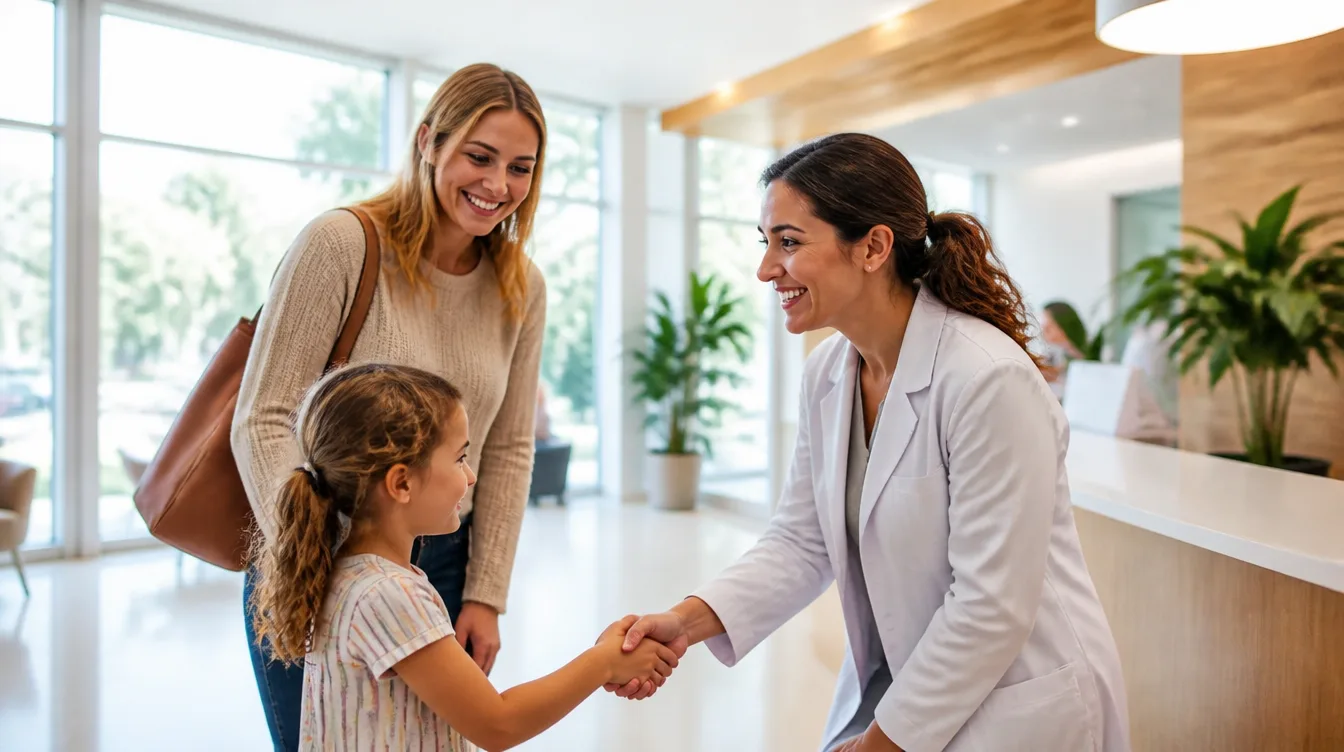 Fernwell doctor welcoming a mother and child at the clinic front desk