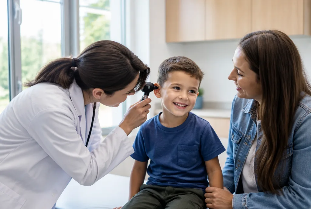 Parent arriving at the clinic with a feverish child under an umbrella