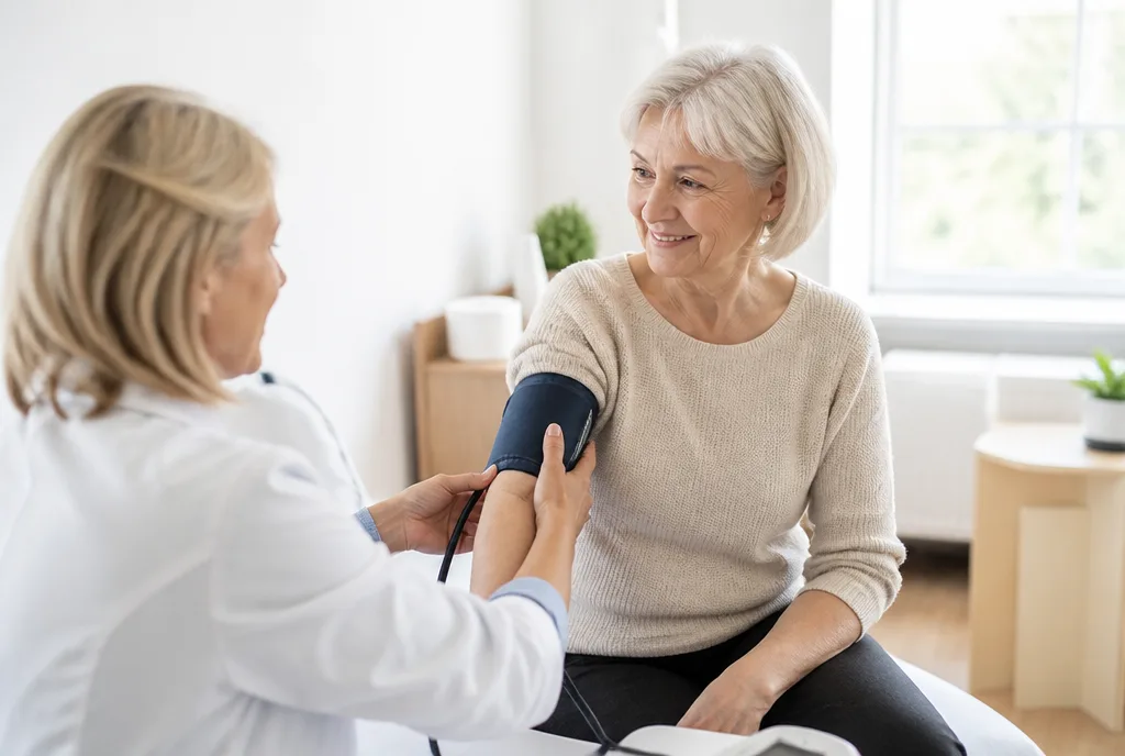 Older patient and doctor reviewing a health trend chart together
