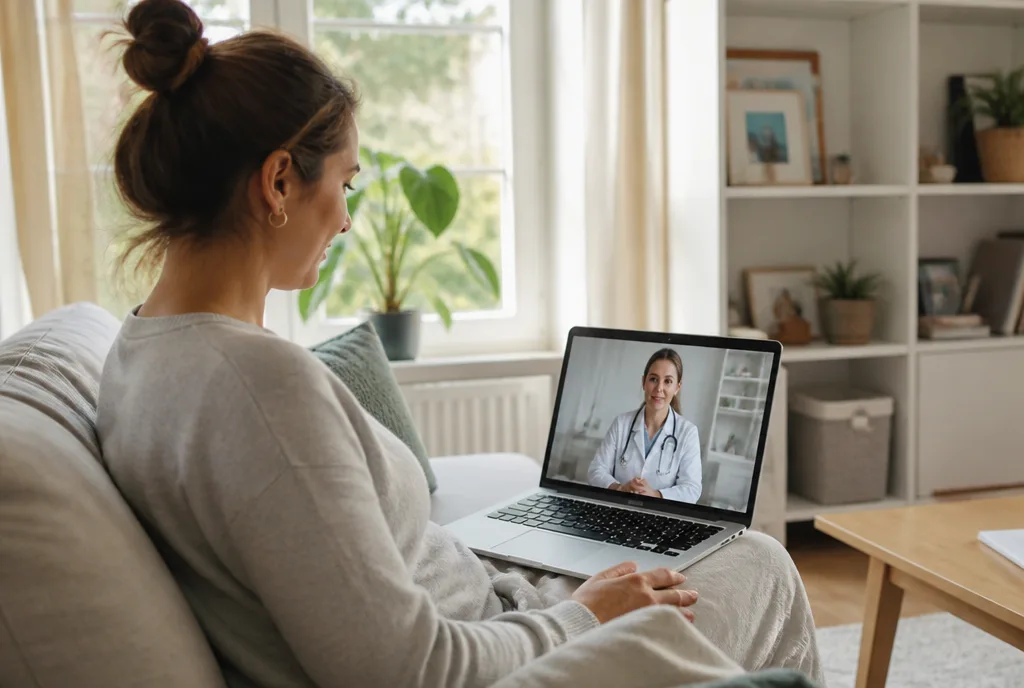 Member on a video visit from a home sofa with a laptop