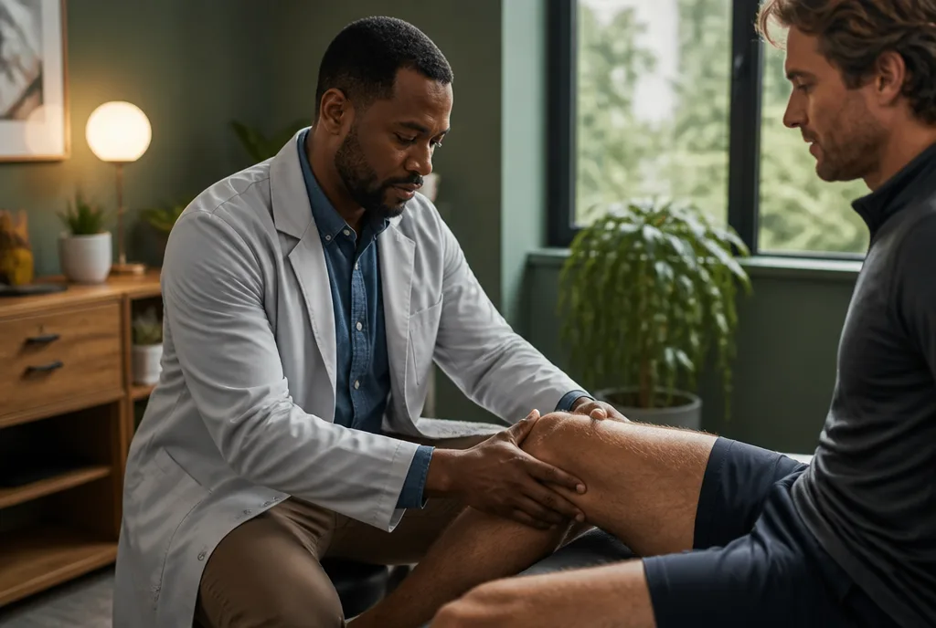 Dr. Okafor examining a runner’s knee