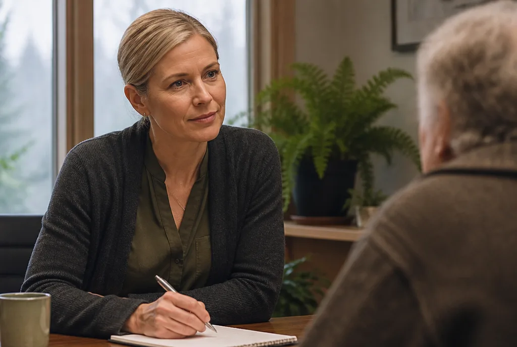 Dr. Lindqvist listening to a patient and taking notes
