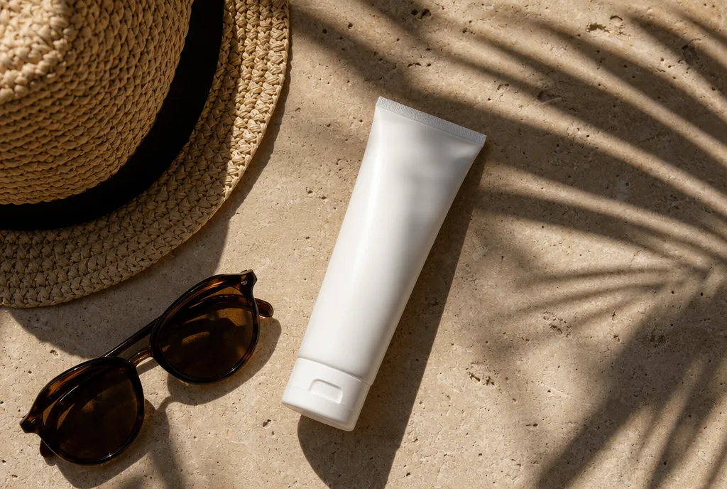 Sunscreen tube and sun hat under hard tropical light