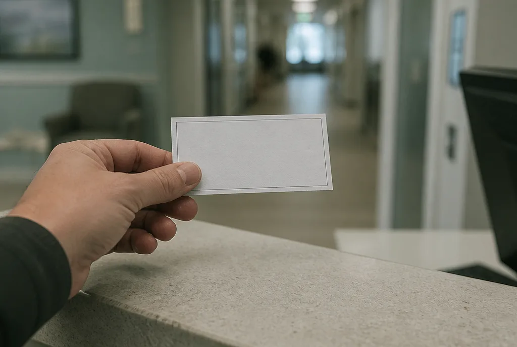 An appointment card held over the reception desk