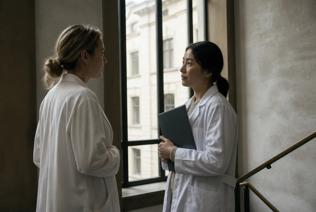 Two clinicians talking on the landing