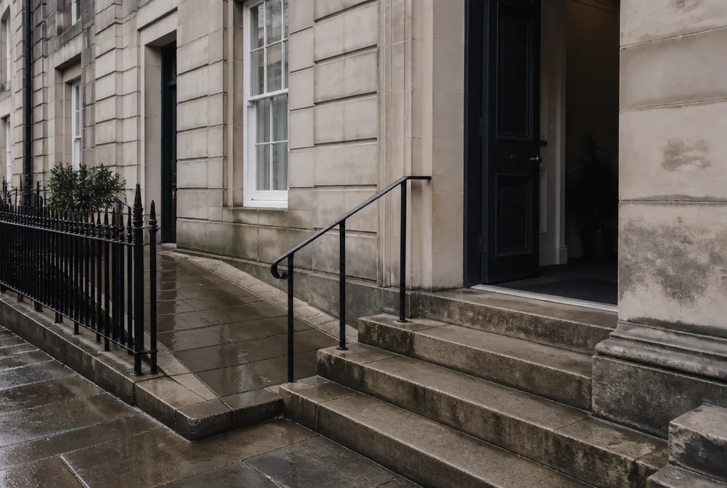 The side entrance with a ramp beside stone steps