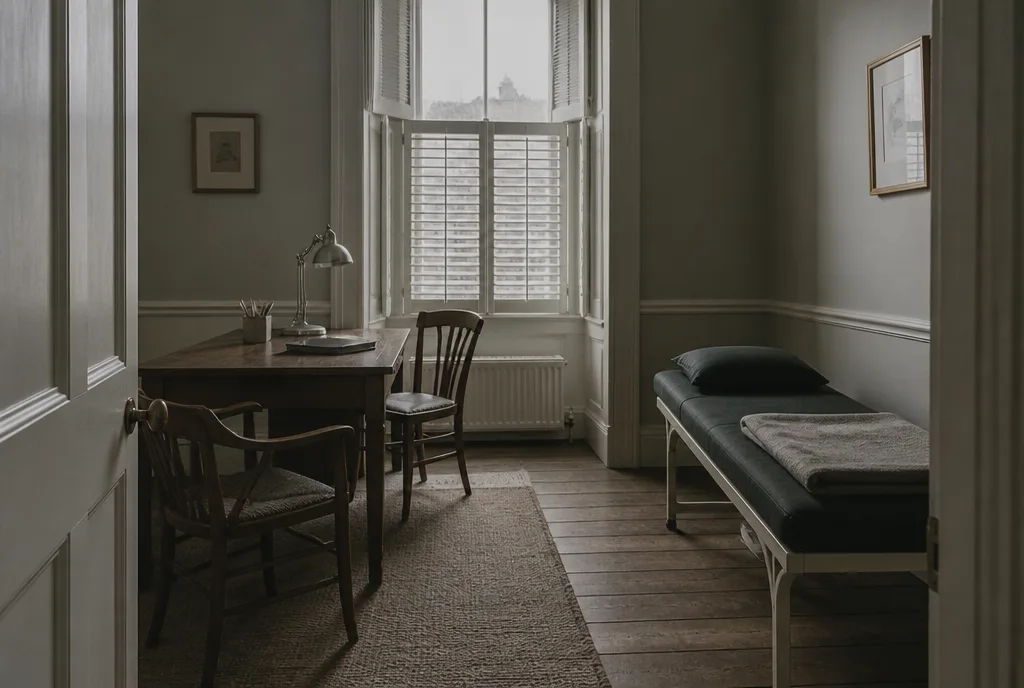 A consulting room with a desk, chairs and an examination couch