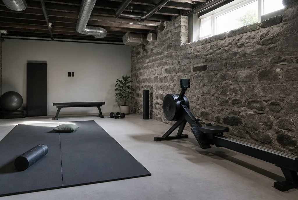 The basement gym with a rowing machine and floor mats