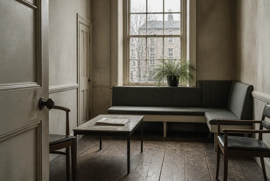 The waiting area with a bench under a tall window