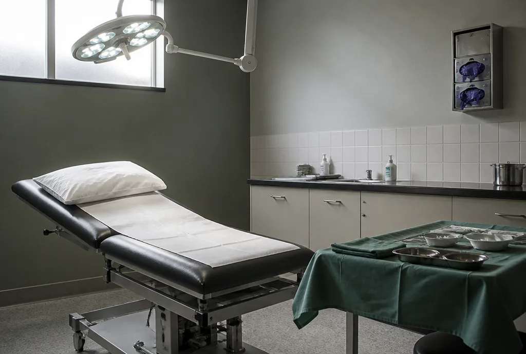 The treatment room with an examination couch and lamp