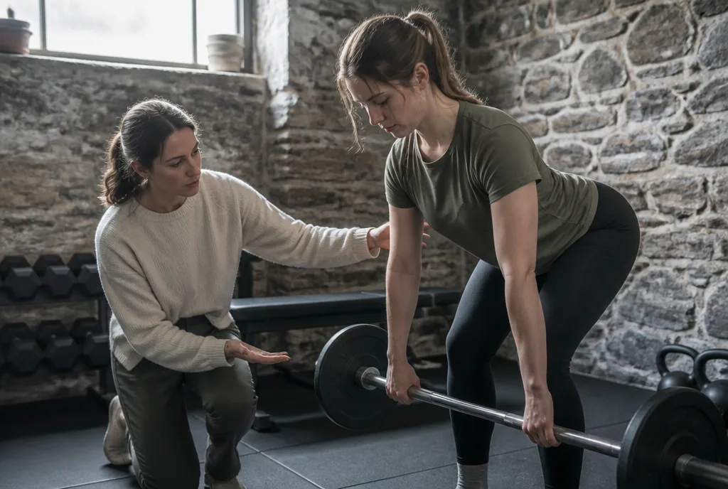 A physiotherapist guiding a patient through a movement in the clinic gym