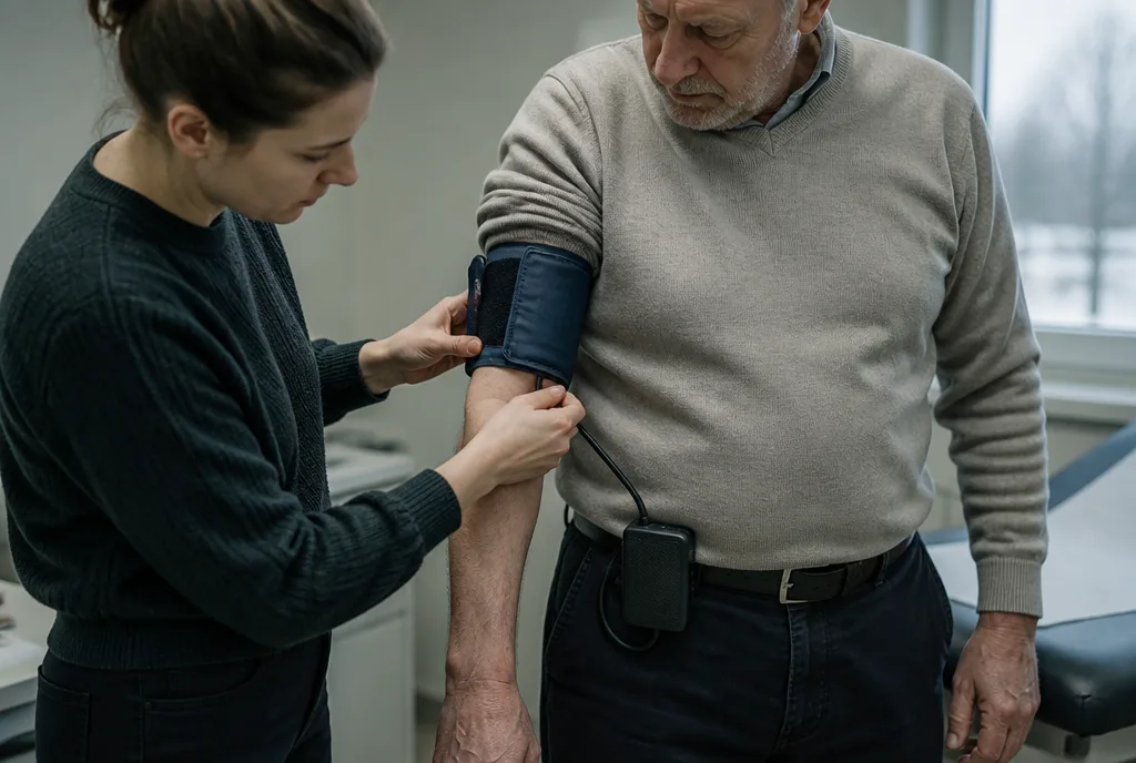A clinician fitting a blood pressure cuff to a seated patient