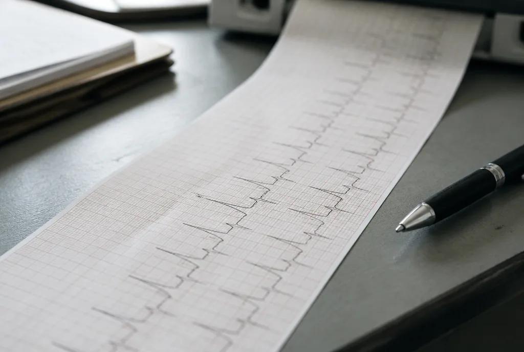 An ECG trace printout and electrodes on a clinical bench
