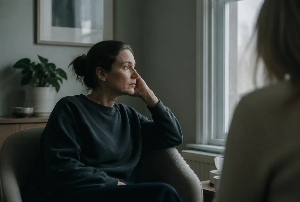 A patient sitting in a consulting room chair by a window, mid-conversation