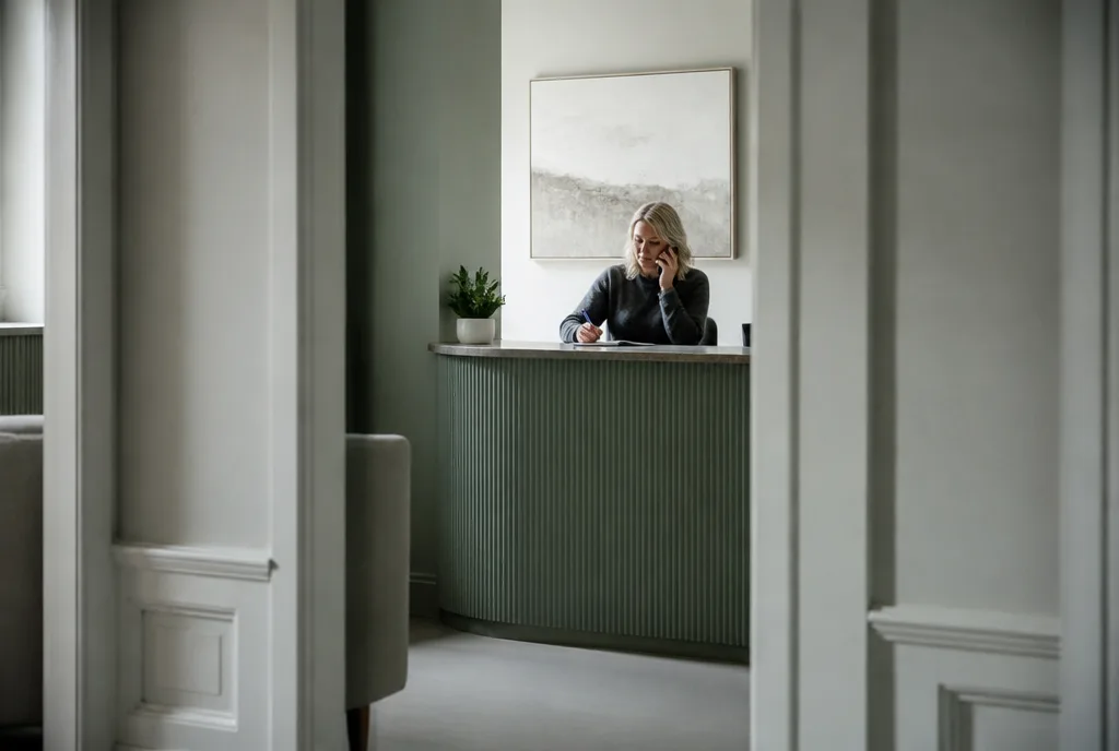 A receptionist taking a call at the desk