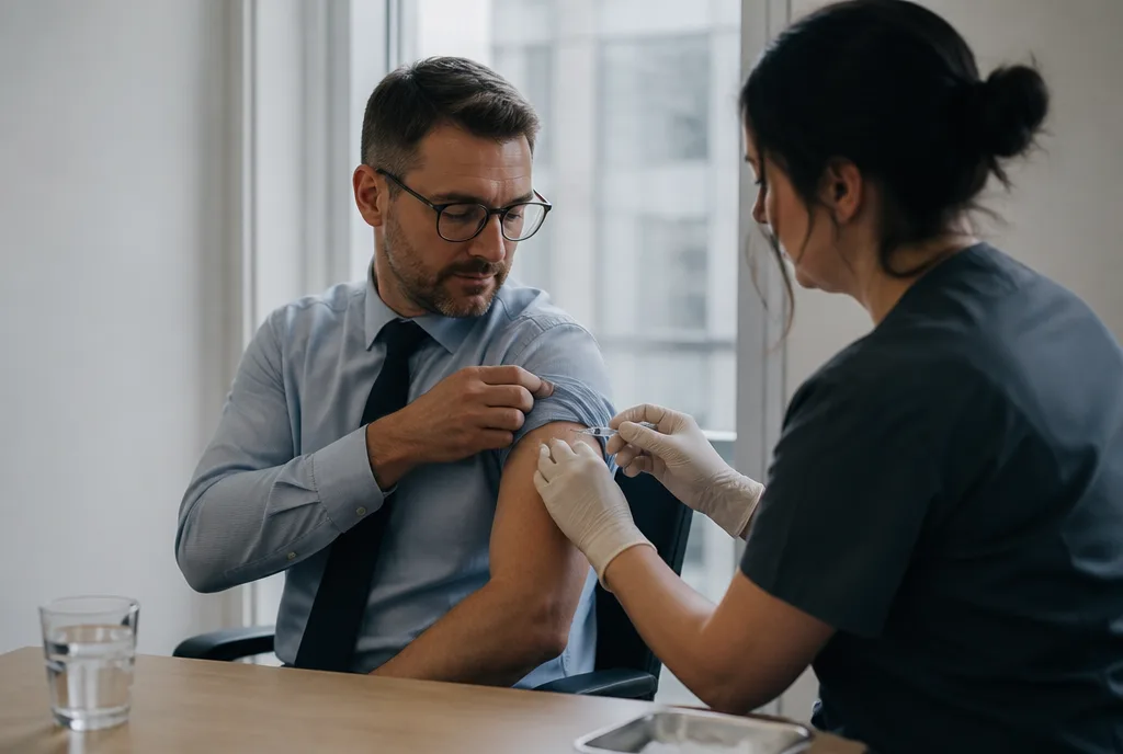A nurse giving a vaccination to an employee at a workplace clinic