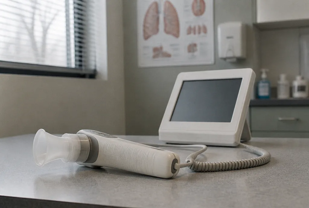 A spirometer and mouthpiece on a bench in the diagnostics room