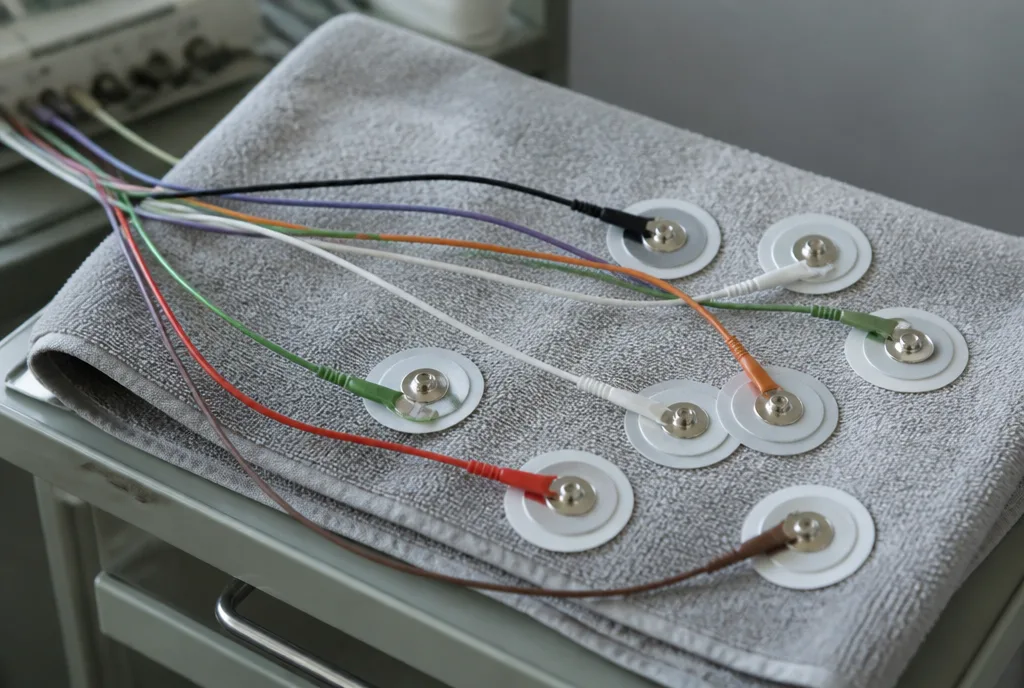 An ECG machine and electrodes laid out on a clinical trolley