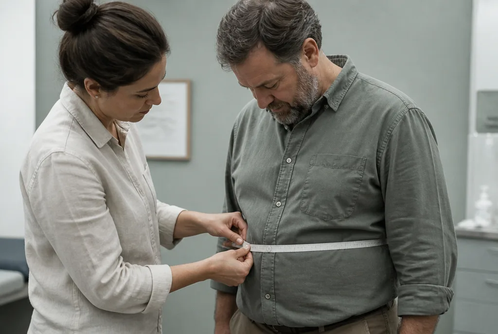 A clinician measuring a patient's waist with a tape measure