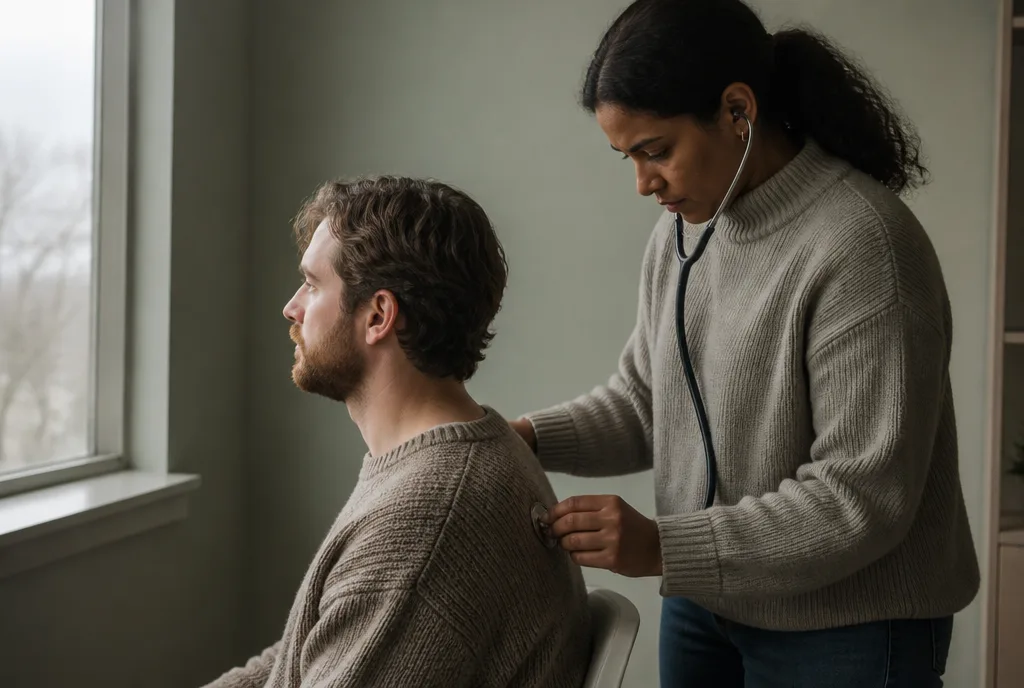A clinician listening to a patient's chest during a health check
