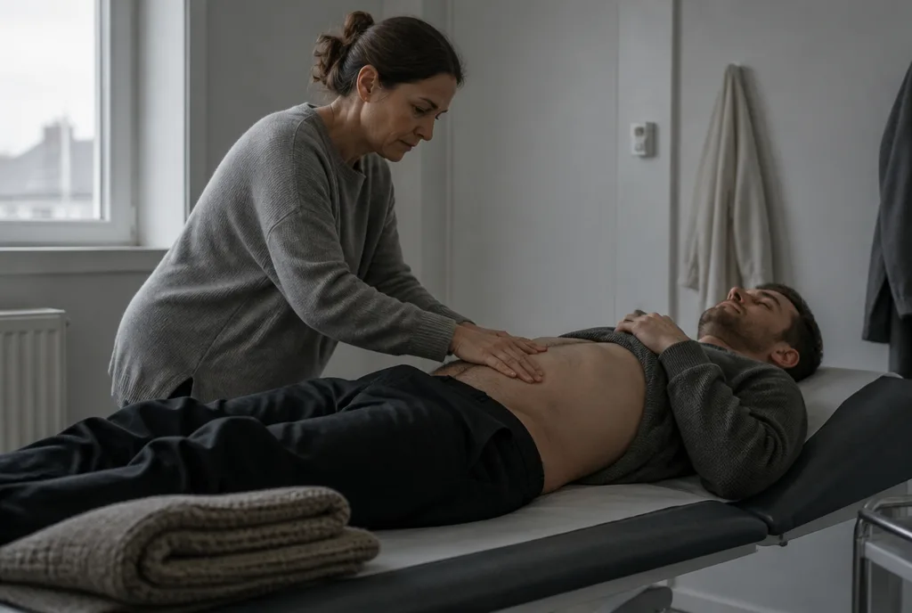 A clinician examining a patient on an examination couch