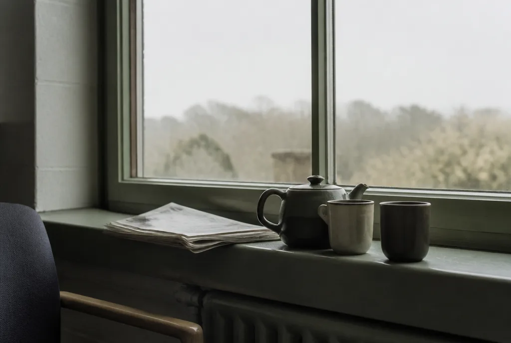 A teapot and mugs on a staff room windowsill