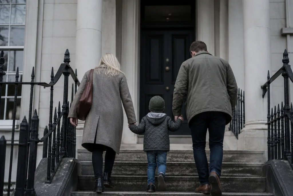 A family walking up the steps to the clinic