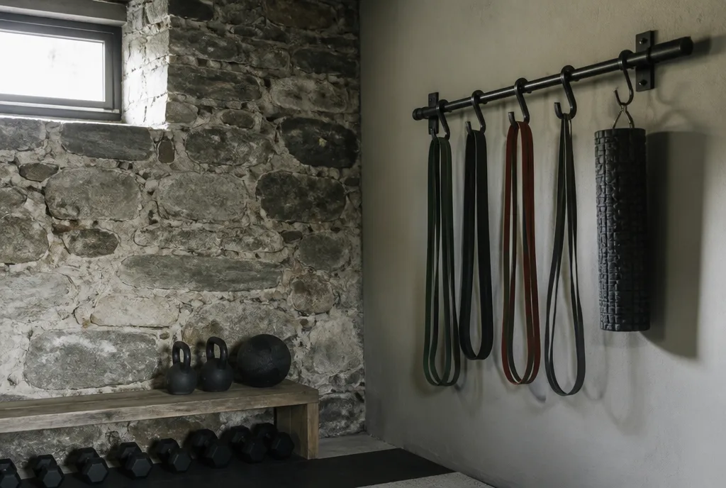 Resistance bands hanging on a rail in the clinic gym