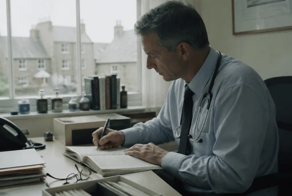 A GP writing at a desk with a card file open beside them