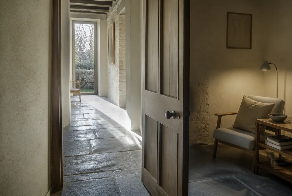 A consulting room door open onto a stone-floored hallway