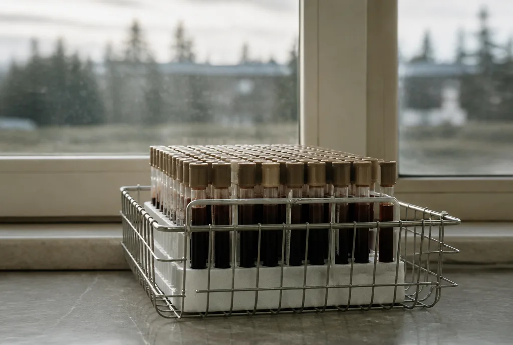A rack of blood sample tubes waiting on a bench