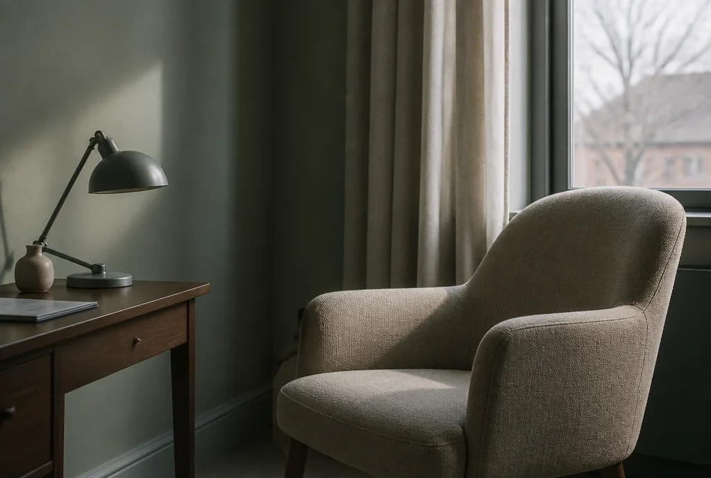 Early morning light across an empty consulting room chair