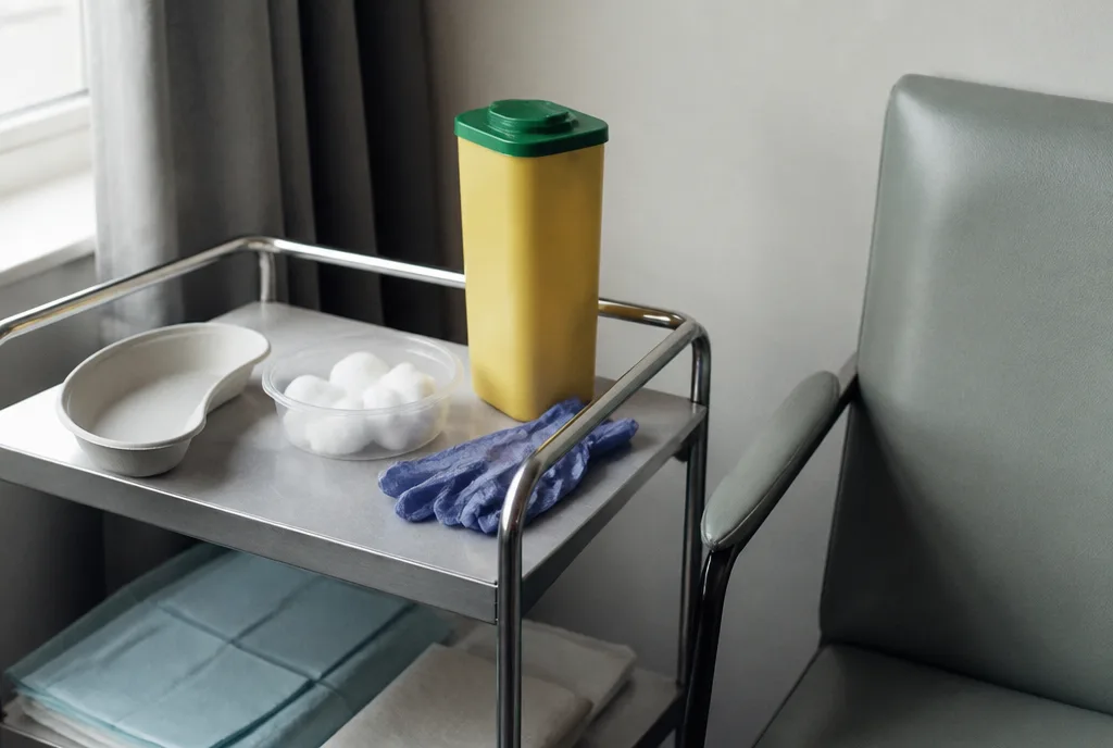 A clinical trolley set out for a vaccination appointment