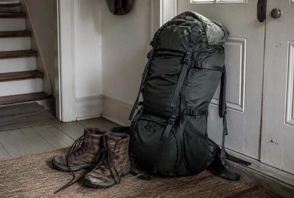 A packed rucksack standing by a doorway