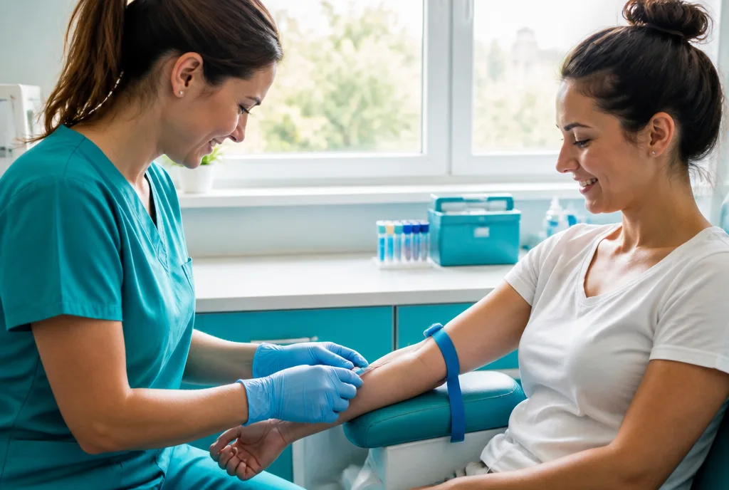 A nurse taking a blood sample from a patient's arm