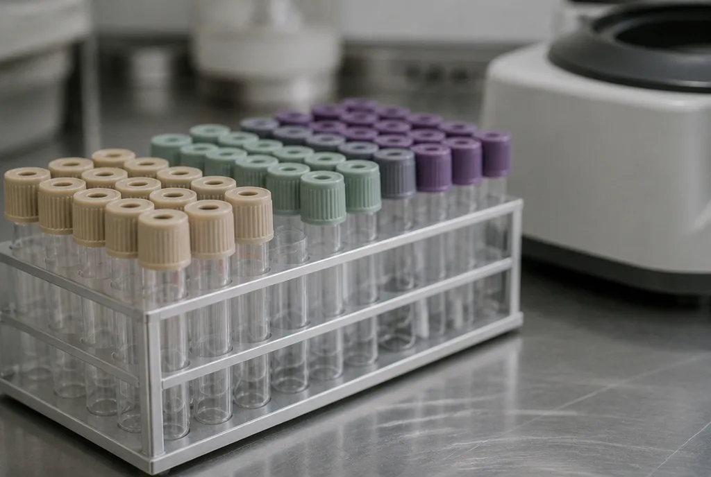 A rack of blank sample tubes on a stainless bench beside a centrifuge