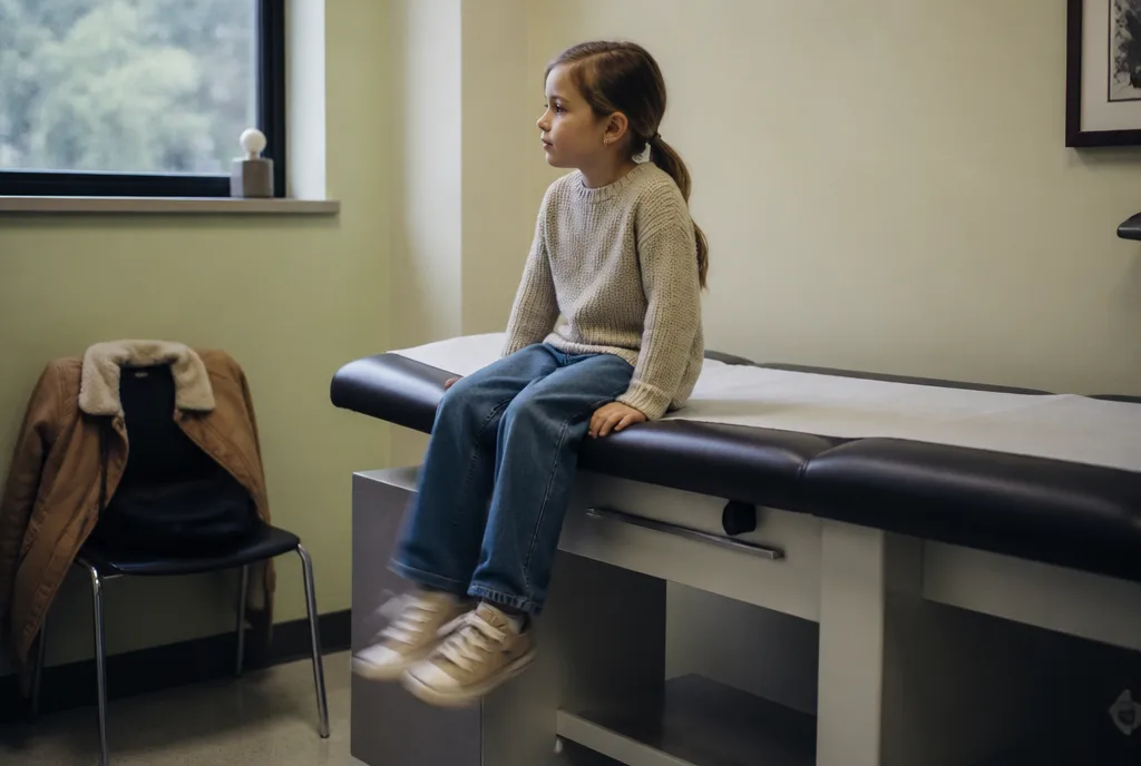A child sitting on an examination couch swinging their legs