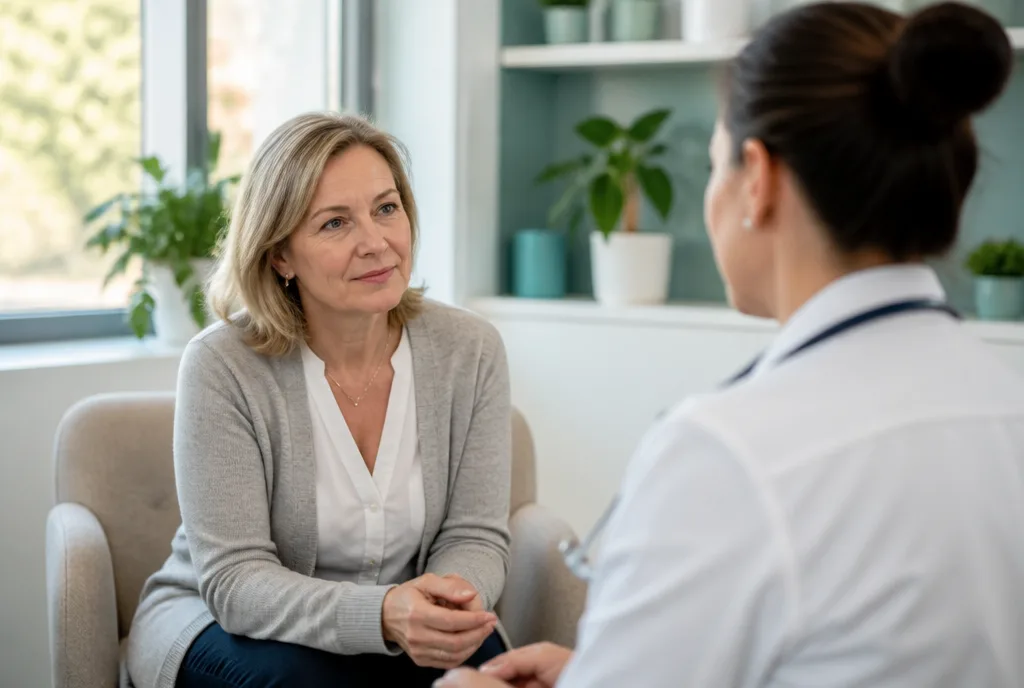 A woman in her fifties talking with a doctor in a bright consulting room
