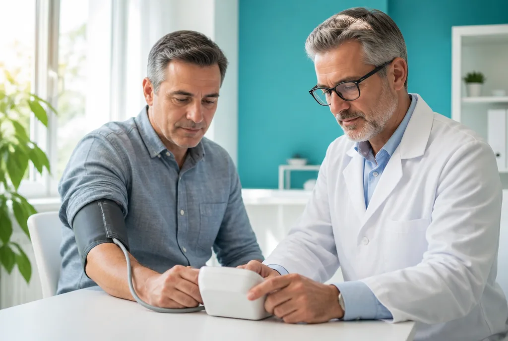 A doctor checking a man's blood pressure