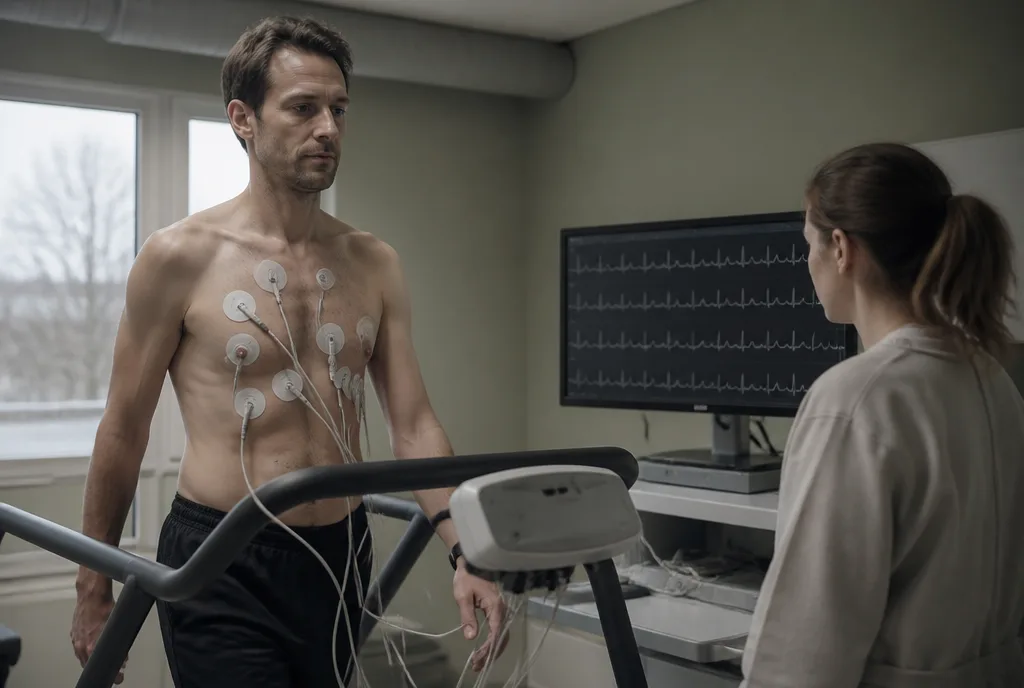 A patient walking on a treadmill with ECG leads attached during an exercise test